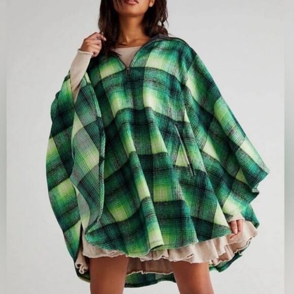 NEW Free People Woodstock green brushed plaid collared 3/4 zip poncho jacket - Picture 1 of 11